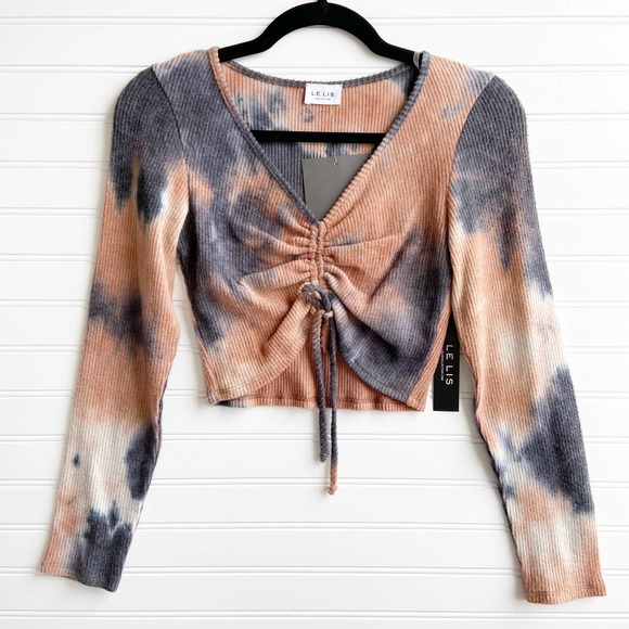 Le Lis Tops - Le Lis Small Orange Grey Soft Ribbed Knit Ruched Tie Up Long Sleeve Crop Top